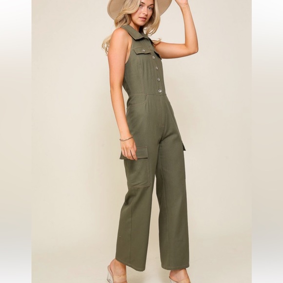 New Trendy Chic Halter Denim Olive Cargo Jumpsuit - Picture 4 of 7